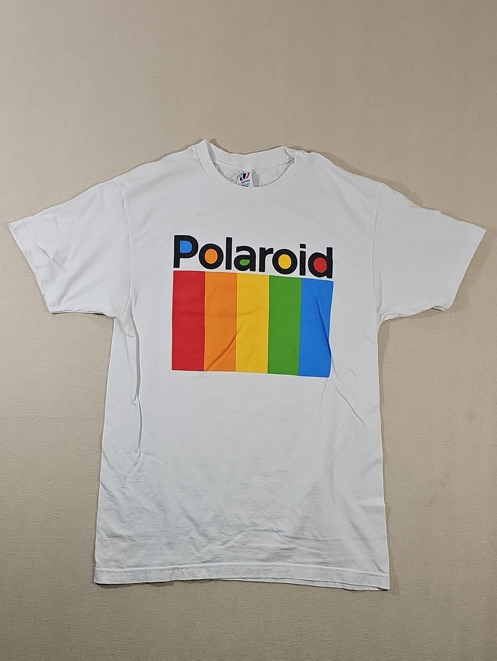 Polaroid White Tee with Red-Orange-Yellow-Green-Blue Stripe